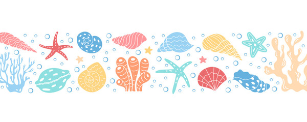 Colorful horizontal vector border showcasing underwater marine elements. Coral, seashells, and marine animals displayed in vibrant, playful cartoon style fit for banners and graphics.