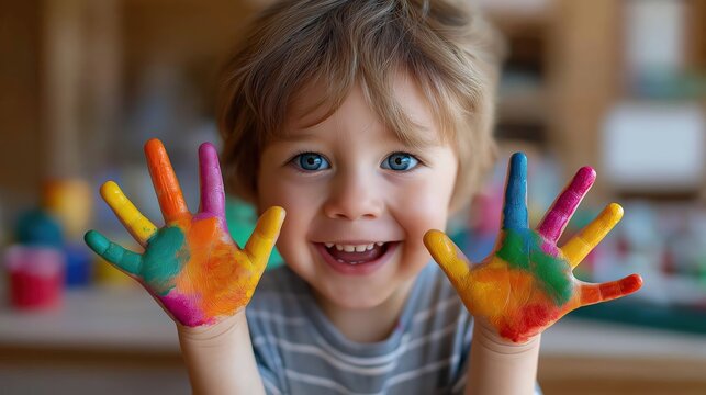 Cheerful child with painted hands, young  boy expressing creativity with colorful handprints in bright, playful environment.