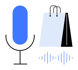 Blue microphone, shopping bag, soundwave icons for digital shopping, online payments, retail innovation, technology adoption. Ideal for e-commerce, voice search, AI retail automation customer