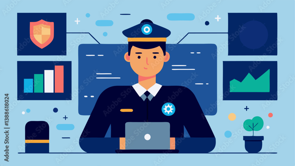 Poster police dashboard with predictions a police officer sitting in front of a digital dashboard filled wi