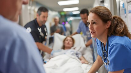 Fototapeta premium Medical team assisting patient, caring healthcare professionals in hospital, focused teamwork in emergency setting, urgency highlighted.