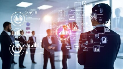 Business Visionary: A composed professional observes a vibrant, advanced business landscape, conceptualized with technological indicators, visualizing his company’s dynamic success.