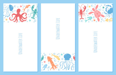 Poster design template set with oceans creatures like octopus, jellyfish, and sea turtle among marine plants and coral under water. Colorful aquatic life in vibrant sea scene with ocean reef elements.