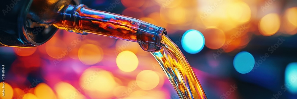 Poster surreal macro shot of brightly colored fuel flowing smoothly into a car engine with glowing neon hue