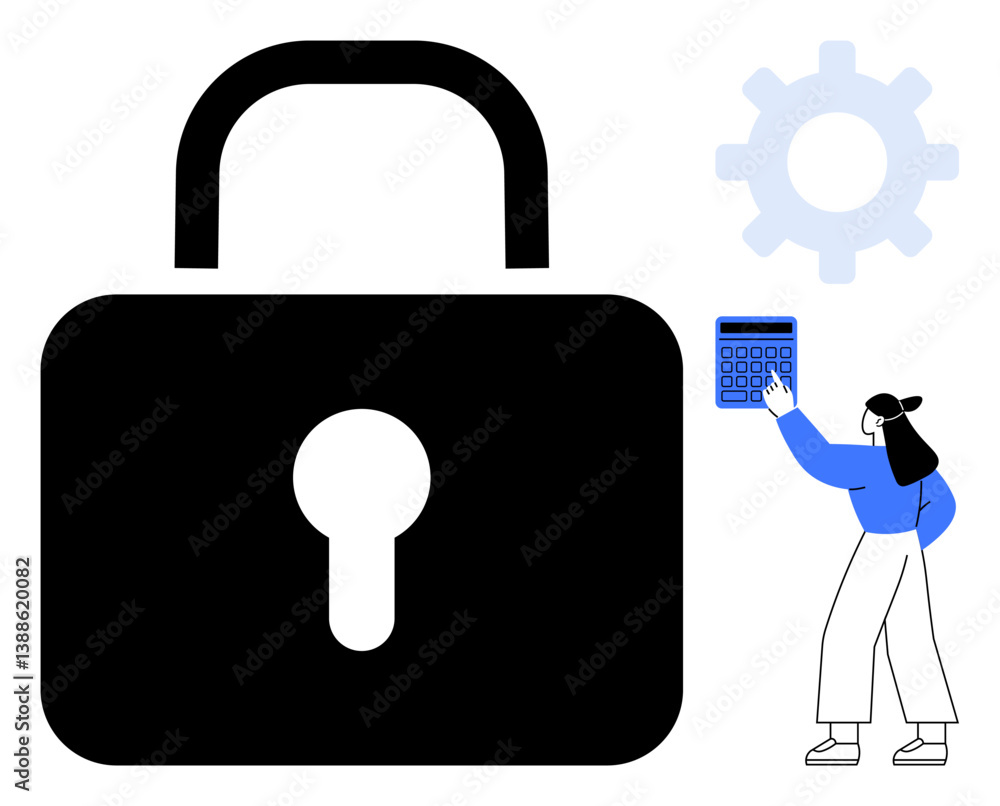 Poster large padlock symbol with gear element beside a person entering code on a calculator-thumbs up keypa