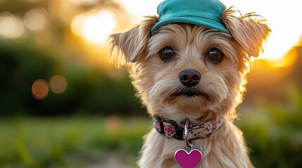 Dog with a cap, floral collar, and heart tag in a blurry sunny outdoor setting