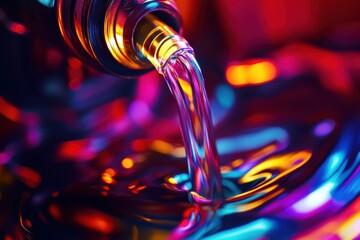 Surreal macro shot of colorful liquid flowing into car engine highlighting vibrant neon colors and smooth texture