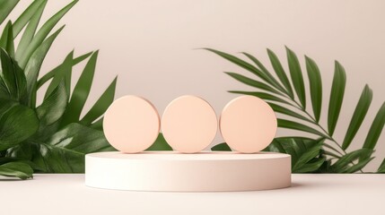 Fototapeta premium Empty display podium with tropical leaves. 3D render. Cosmetic product presentation