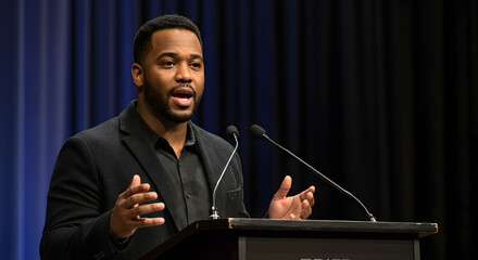 A man in a dark suit speaks passionately at a podium with a microphone, set against a backdrop of dark curtains, engaging an unseen audience.
