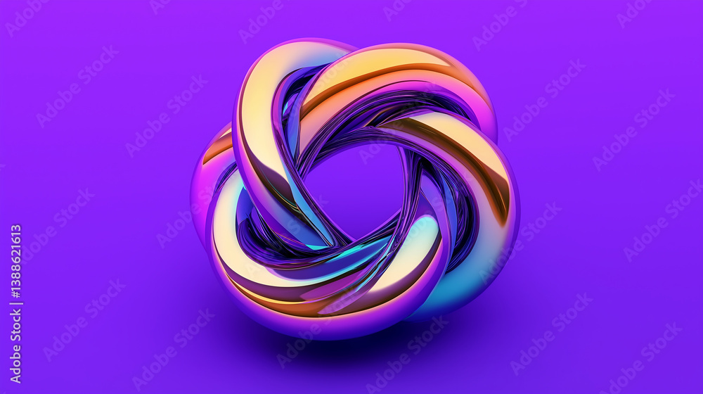 Poster iridescent torus knot rotating on purple background