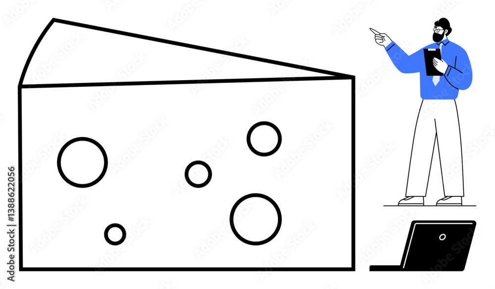 Poster large cheese diagram with holes visualized creatively. standing man presenting concepts with tablet 