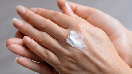 Close-up of hands applying moisturizing cream for soft, hydrated, and healthy skin.