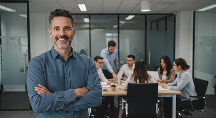 A confident man smiles with arms crossed in the foreground, while a diverse team collaborates around a table in a modern office during a business meeting.