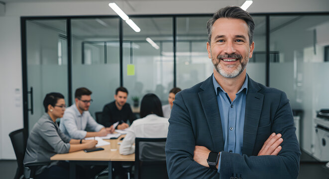 A confident man stands with arms crossed in a modern office, smiling, while a diverse team collaborates in the background during a meeting.