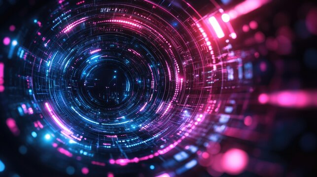 An abstract digital artwork depicting a circular futuristic data tunnel
