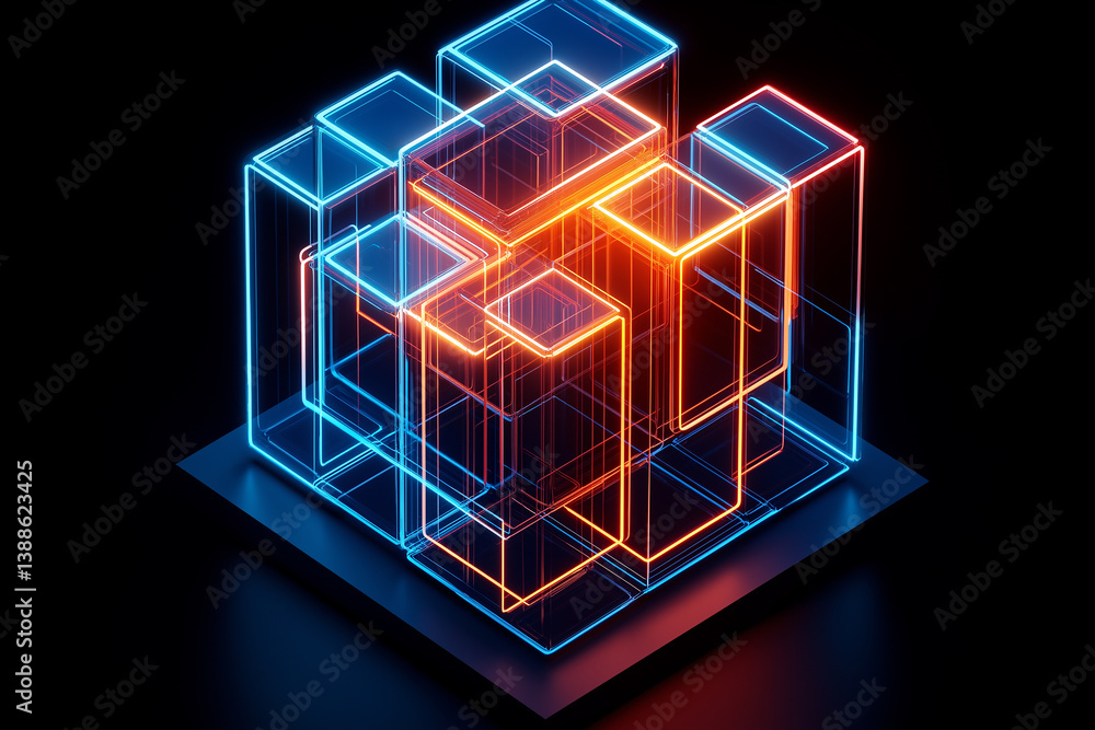 Poster complex neon cube structure glowing on dark background