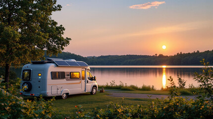 Lakeside evening scene with a camper van featuring solar panels, under a golden sunset glow. 