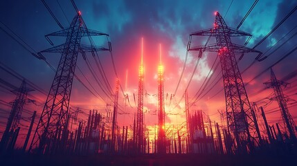 Power grid with transmission towers under a colorful sunset sky
