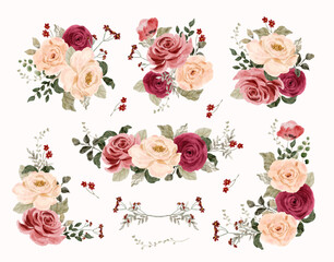 red pink peach floral watercolor bouquet collection; bouquet of roses decoration
