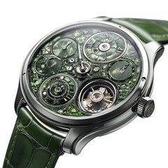 Green Hybrid Watch with Silver Case and Intricate Tourbillon Dial Isolated on Transparent Background
