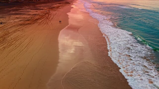 Tilt up aerial of Cofete beach in Fuerteventura during golden hour, showing deep blue sea, mountains, and a couple walking under a warm sky