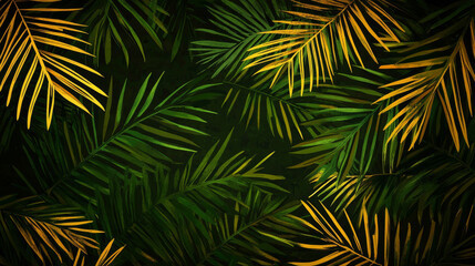 Lush green and yellow palm leaves create vibrant backdrop