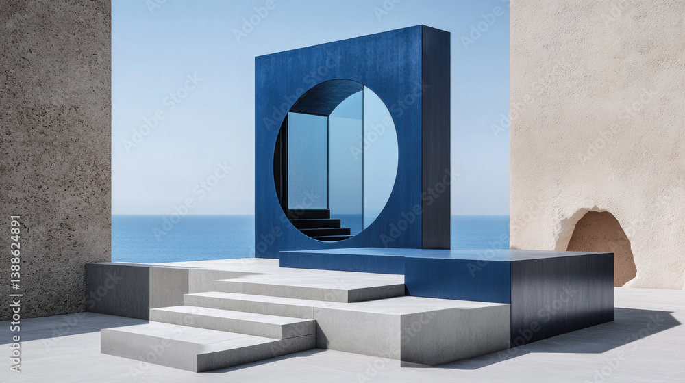 Poster a blue structure with a circular window sits on a concrete platform. the structure is surrounded by 
