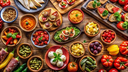 Fototapeta premium Variety of Colorful Appetizers on Wooden Table
