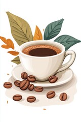 A white cup with coffee and beans near some leaves