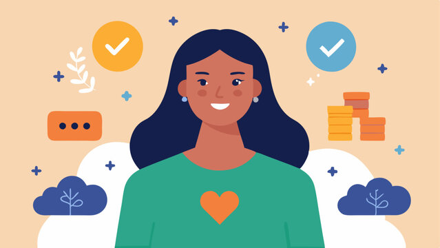 Community Support A woman at a community event sharing her financial success story with others who are inspired with a backdrop of supportive phrases like We Lift Each Other Up and