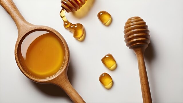 Wooden Honey Dipper with Honey Drizzle on White Background, Top View