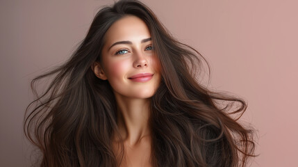 Naklejka premium Beautiful smiling model with long brown hair flowing in the wind