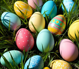 Beautiful brightly colored Easter eggs in the background lay on a fresh green lawn.