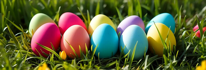 Beautiful brightly colored Easter eggs in the background lay on a fresh green lawn.