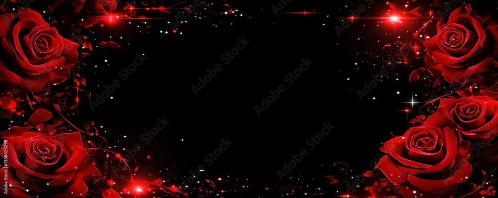 Aufkleber a black background with a red rose in the foreground and stars in the background. the roses are arra