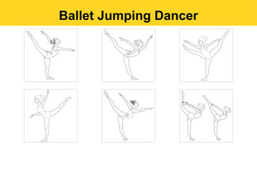 Set of Elegant Ballet Leaping Ballerina Line Art Silhouette