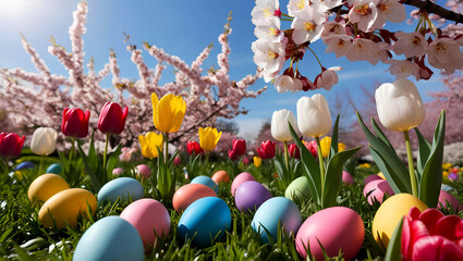 Beautiful, brightly colored Easter eggs are placed in a garden of colorful spring flowers.