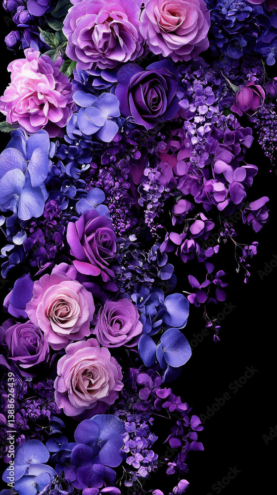 Poster a beautiful arrangement of purple flowers is displayed on a black background. the flowers are of var