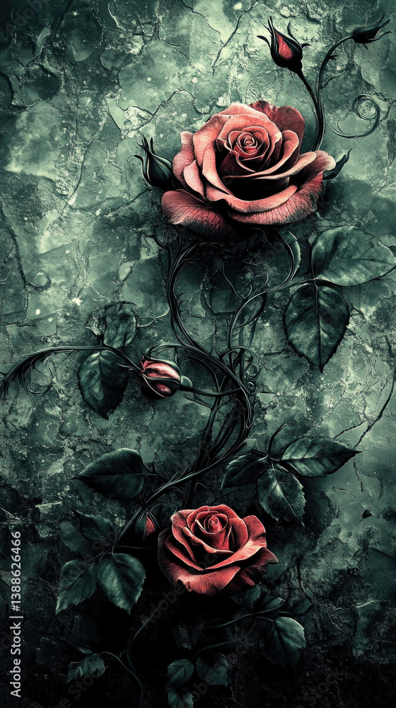 Poster a painting of two red roses with green leaves and stems. the roses are positioned in a way that they