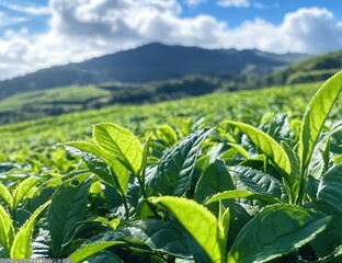A scenic view of fresh green tea plants on a hillside