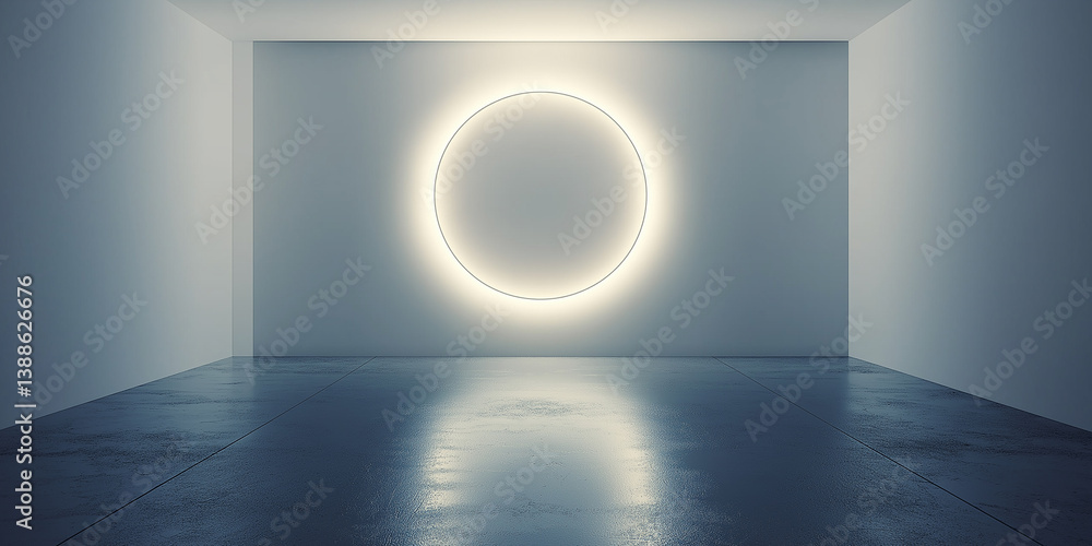 Poster empty room with glowing circle light and polished concrete floor