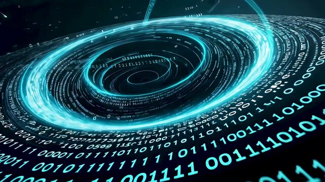 Futuristic spiral vortex with glowing binary code in digital cyberspace concept