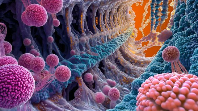 An Intricate Microscopic View Showcasing the Vibrant Cellular Structures and Their Complex Interactions