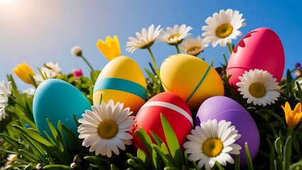 Beautiful, brightly colored Easter eggs are placed in a garden of colorful spring flowers.
