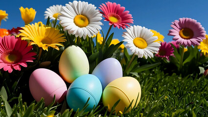 Beautiful, brightly colored Easter eggs are placed in a garden of colorful spring flowers.
