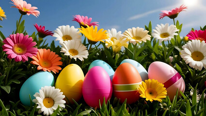 Beautiful, brightly colored Easter eggs are placed in a garden of colorful spring flowers.