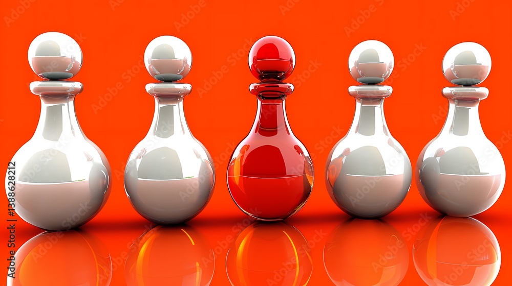 Poster five identical bottles of varying color are displayed against an orange background