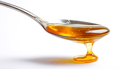 Close-up of golden honey dripping slowly from a silver spoon against white backdrop.
