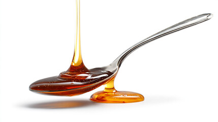 Close-up shot of honey pouring onto a spoon, creating a glistening, golden display.