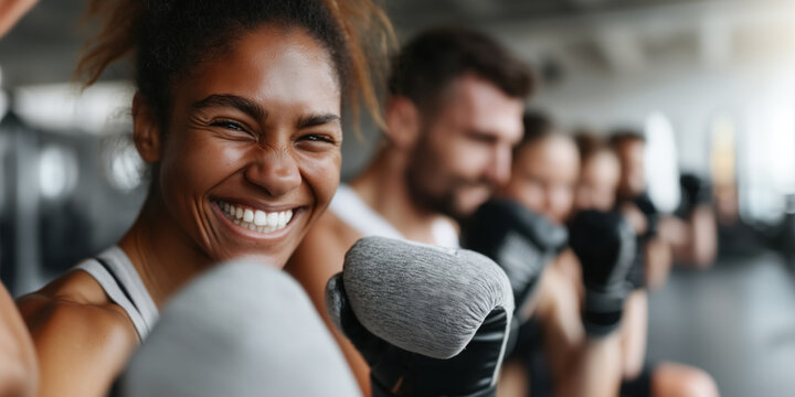 group of energetic people boxing in gym, smiling and showing determination